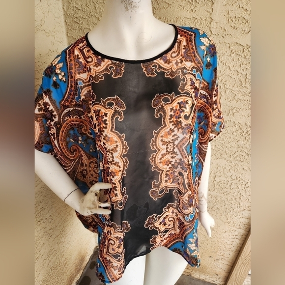 Carmen Carmen Marc Valvo Black, Blue, and Orange See Through Floral Print Flowy - Picture 8 of 8